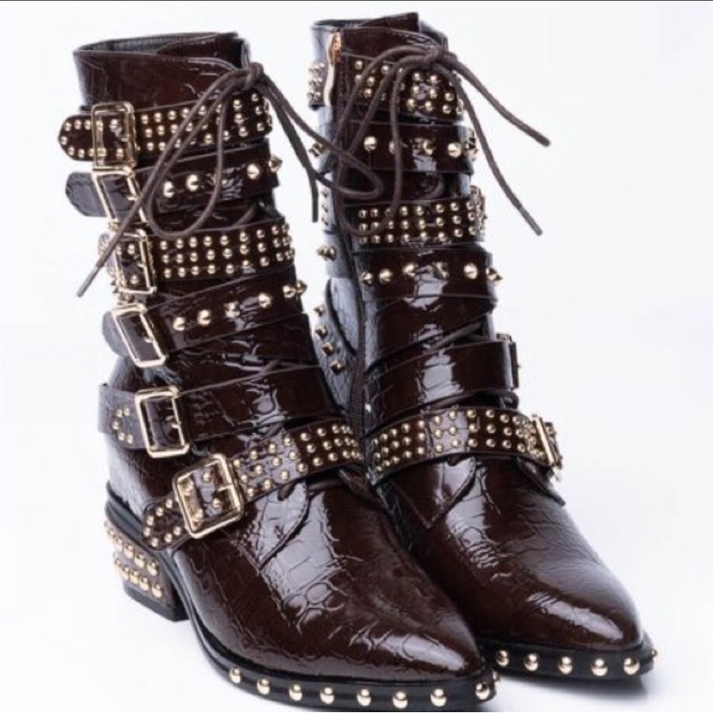 Western Cowboy Brown Vegan Crocodile Leather Studded Belt Strap Riding Boots - Picture 4 of 5